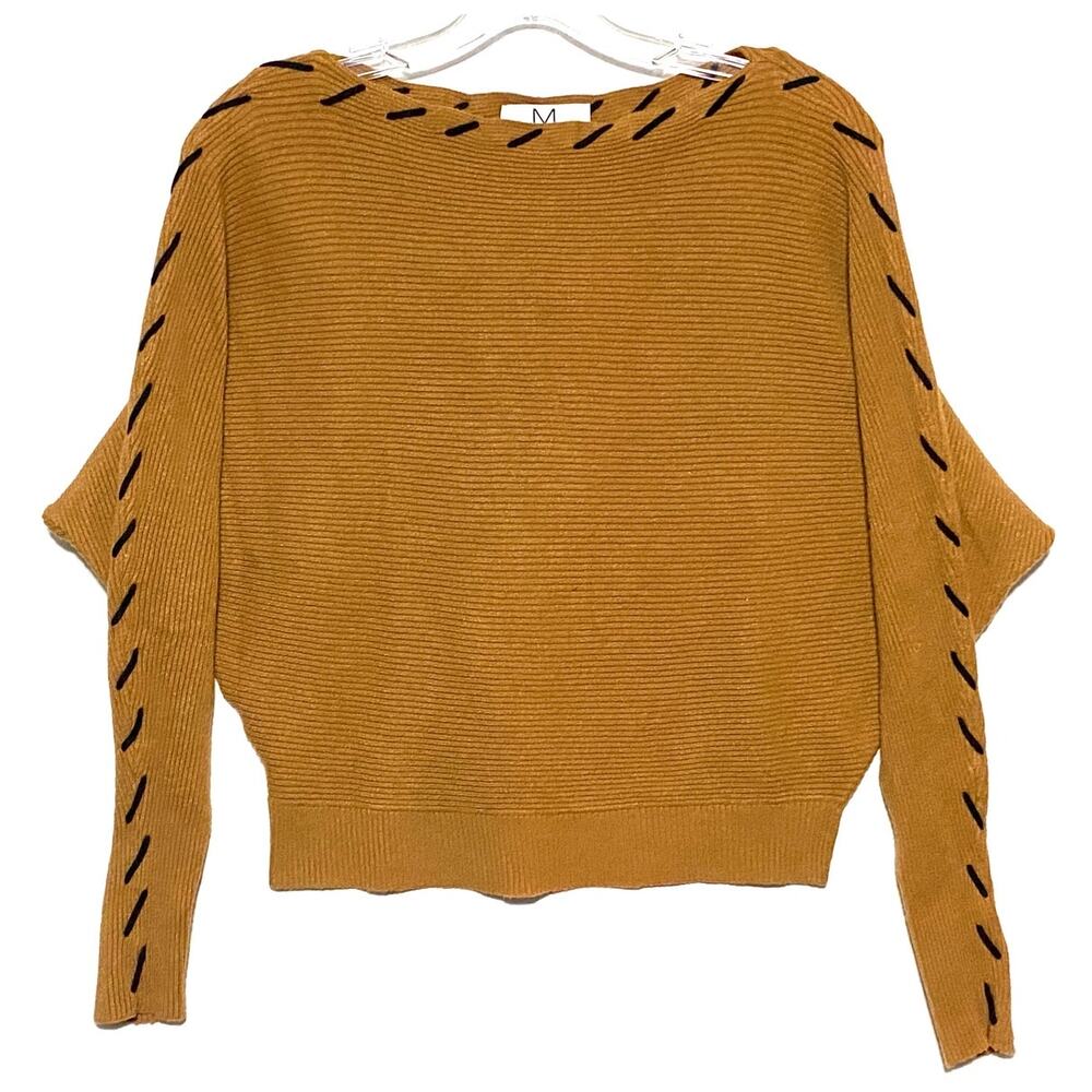 M Magaschoni Tan Brown Boat Neck Sweater Dolman Ribbed Contrast Stitch Womens L